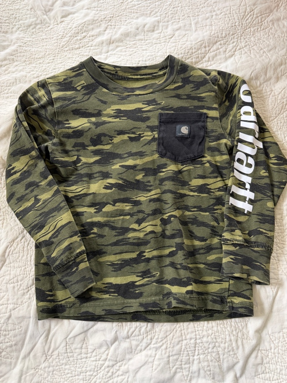 Carhartt Boys' Olive Green Camo Long Sleeve Pocket Tee with Sleeve Logo